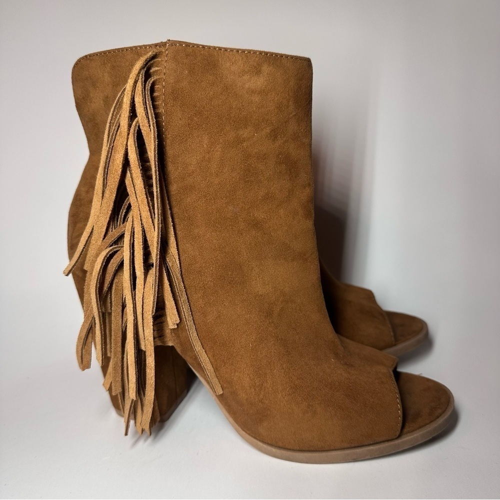 DV Dolce Vita Boots Womens 7.5 Fringe Booties Brown Leather Peep Toe Heeled Boho - Picture 3 of 12